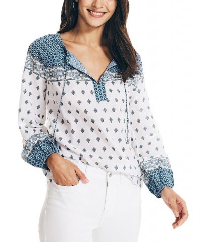 Women's Wood Block Split-Neck Top Bright White $23.72 Tops