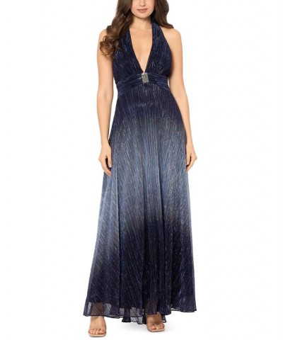 Women's Ombré Metallic Crinkled Gown Navy Perriwinkle $98.67 Dresses