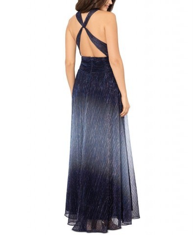 Women's Ombré Metallic Crinkled Gown Navy Perriwinkle $98.67 Dresses