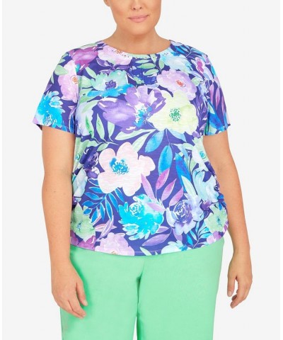 Plus Size Cinched Waist Floral T-shirt Purple $32.88 Tops