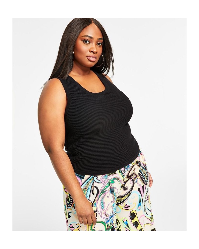 Trendy Plus Size Ribbed Sweater Tank Top Black $17.60 Tops