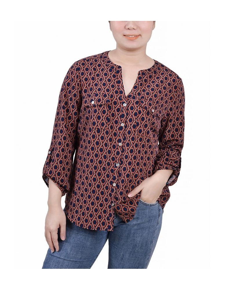 Women's 3/4 Roll Tab Sleeve Mandarin Collar Blouse Navy Autumn Glaze Thill $13.44 Tops