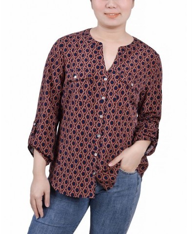 Women's 3/4 Roll Tab Sleeve Mandarin Collar Blouse Navy Autumn Glaze Thill $13.44 Tops