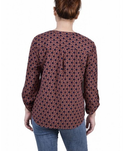 Women's 3/4 Roll Tab Sleeve Mandarin Collar Blouse Navy Autumn Glaze Thill $13.44 Tops