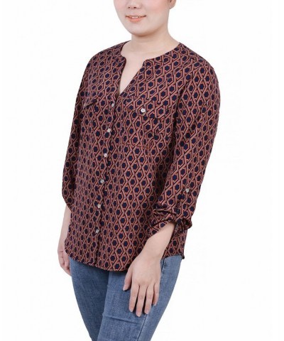 Women's 3/4 Roll Tab Sleeve Mandarin Collar Blouse Navy Autumn Glaze Thill $13.44 Tops