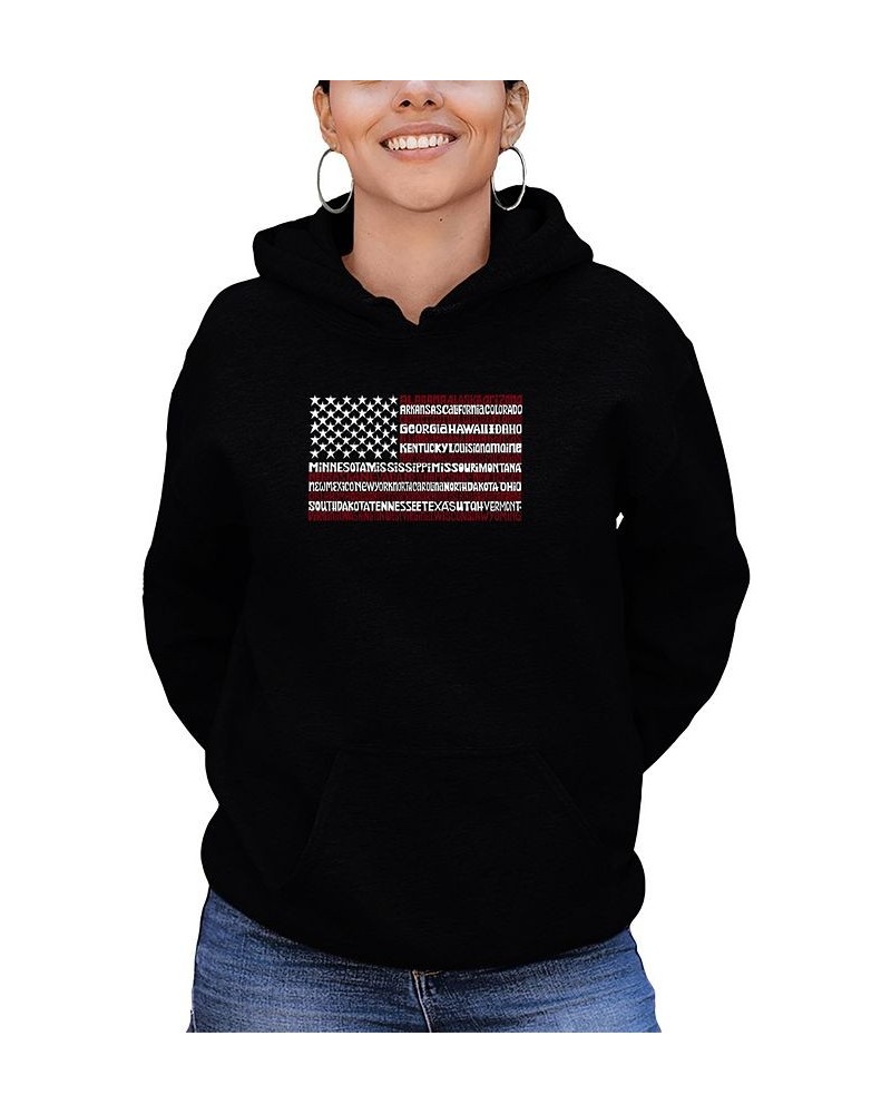 Women's 50 States USA Flag Word Art Hooded Sweatshirt Black $27.60 Tops