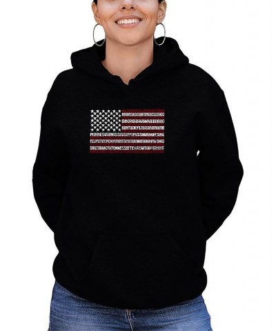 Women's 50 States USA Flag Word Art Hooded Sweatshirt Black $27.60 Tops