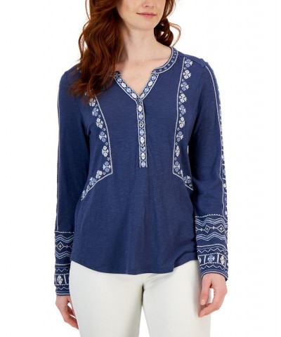 Women's Cotton Embroidered Shirt Blue $13.09 Tops