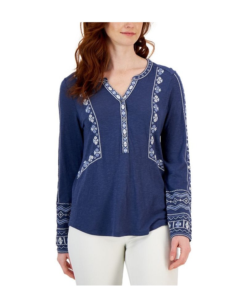 Women's Cotton Embroidered Shirt Blue $13.09 Tops