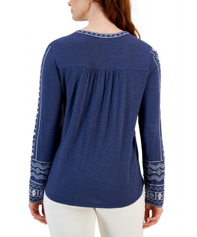 Women's Cotton Embroidered Shirt Blue $13.09 Tops