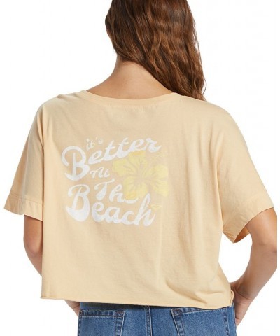 Juniors' Better Beach Cotton Graphic Boat-Neck T-Shirt Beige $14.40 Tops