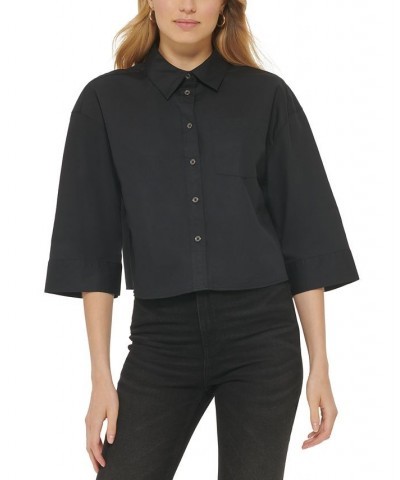 Women's Cotton Cropped Single-Pocket Shirt Black $37.38 Tops