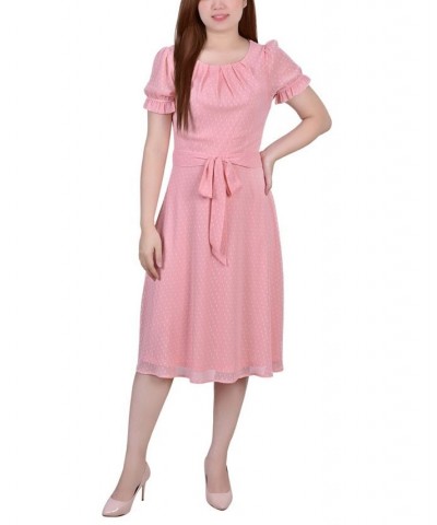 Women's Short Sleeve Belted Swiss Dot Dress Pink $20.16 Dresses
