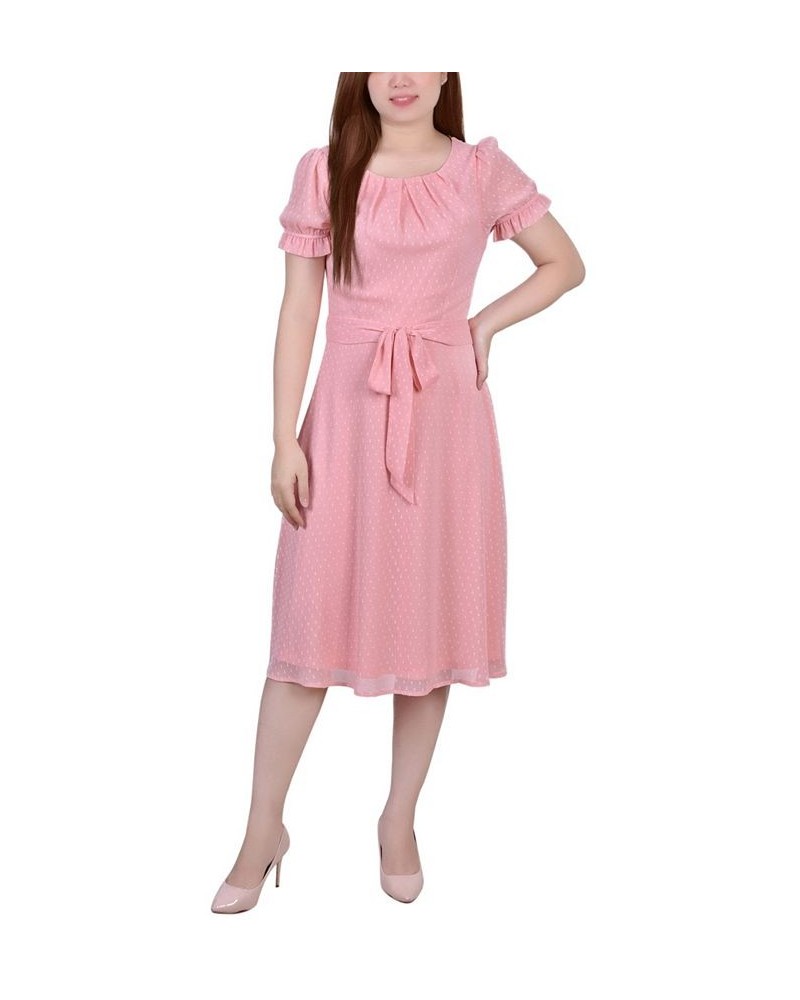 Women's Short Sleeve Belted Swiss Dot Dress Pink $20.16 Dresses