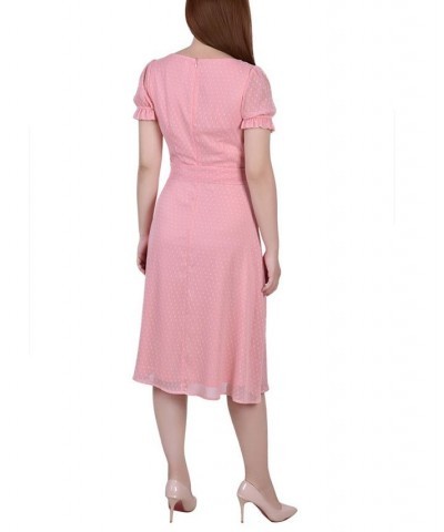 Women's Short Sleeve Belted Swiss Dot Dress Pink $20.16 Dresses