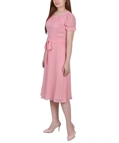 Women's Short Sleeve Belted Swiss Dot Dress Pink $20.16 Dresses