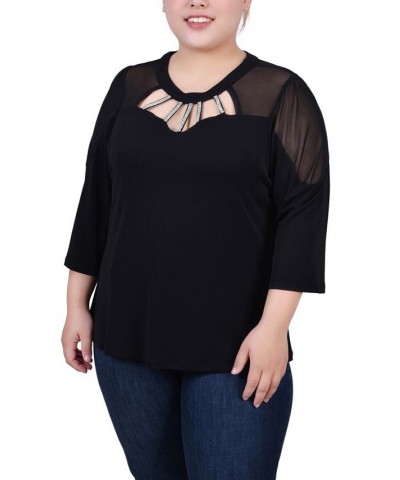 Plus Size 3/4 Sleeve Top with Neckline Cutouts and Stones Black $16.94 Tops