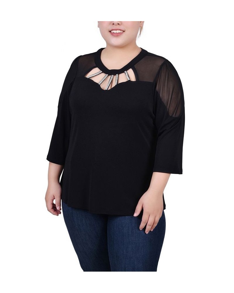 Plus Size 3/4 Sleeve Top with Neckline Cutouts and Stones Black $16.94 Tops