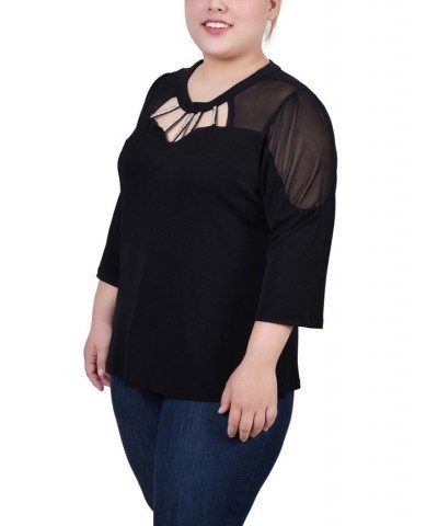 Plus Size 3/4 Sleeve Top with Neckline Cutouts and Stones Black $16.94 Tops