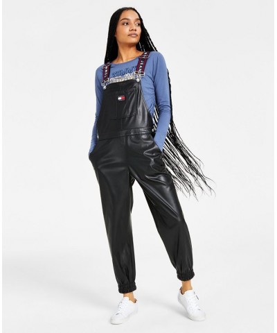 Women's Faux-Leather Overalls Black $48.71 Pants