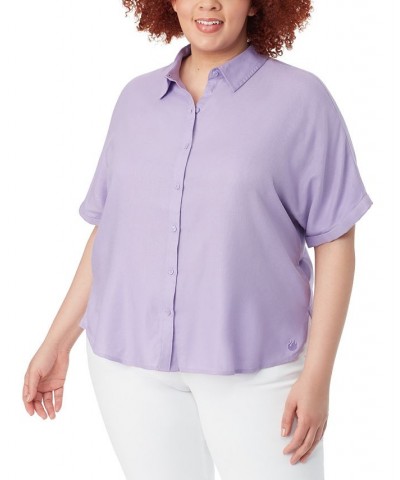 Plus Size Daisy Button-Down Woven Shirt Purple $27.60 Tops