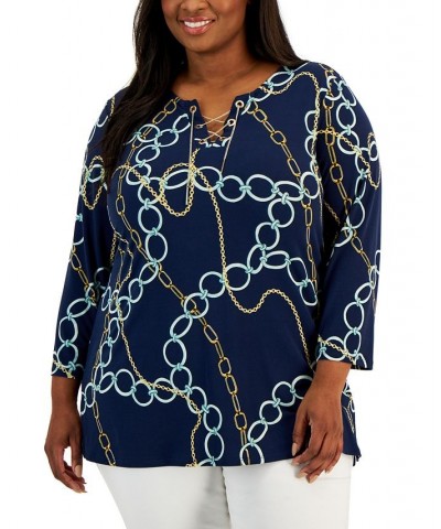 Plus Size Chain Lace-Up 3/4-Sleeve Tunic Blue $14.32 Tops