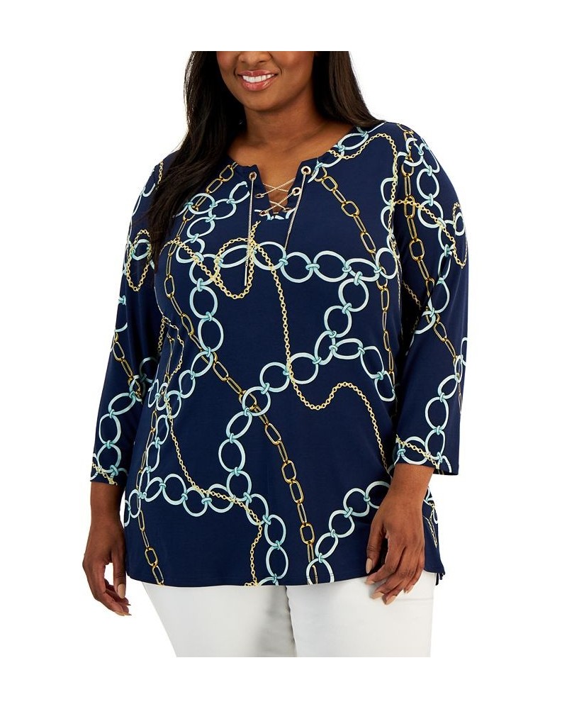 Plus Size Chain Lace-Up 3/4-Sleeve Tunic Blue $14.32 Tops