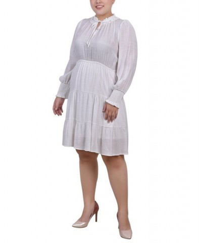 Plus Size Long Sleeve Tiered Dress with Ruffled Neck White $15.30 Dresses