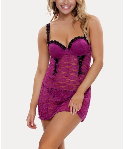 Women's Rachel Lace Chemise 2 Piece Lingerie Set Purple $20.70 Sleepwear