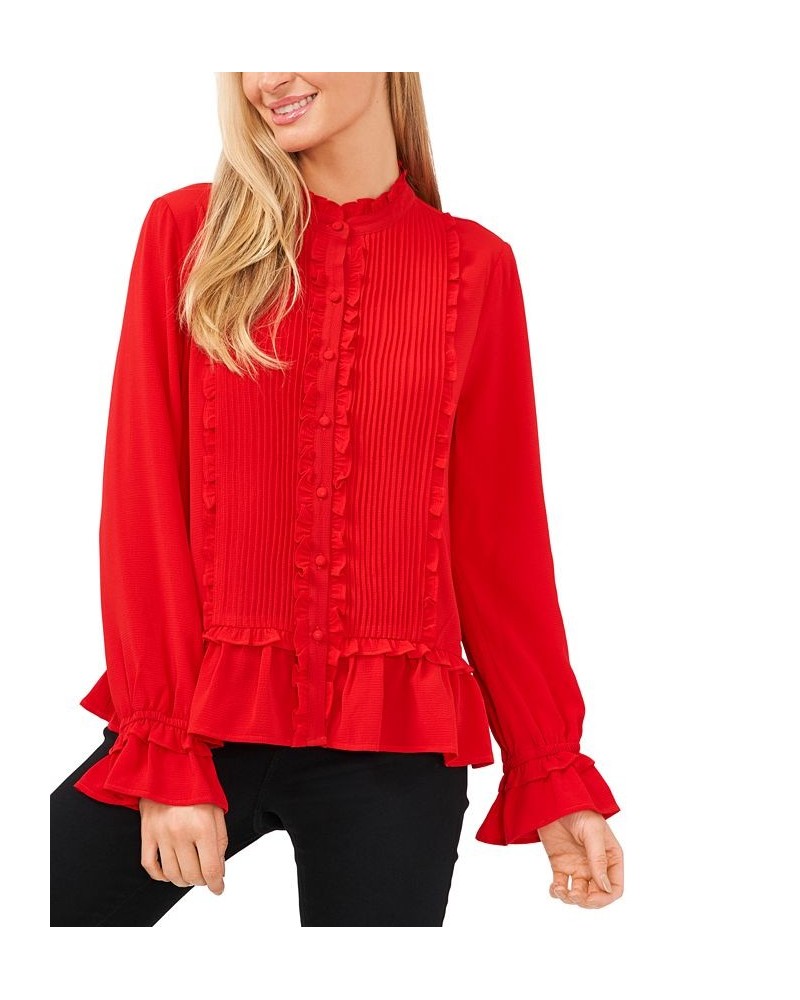 Women's Pleated Ruffle-Trim Blouse Luminous Red $41.42 Tops