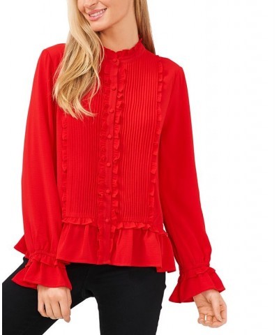 Women's Pleated Ruffle-Trim Blouse Luminous Red $41.42 Tops