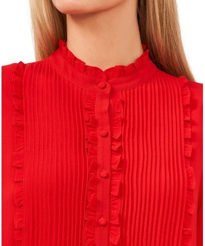 Women's Pleated Ruffle-Trim Blouse Luminous Red $41.42 Tops