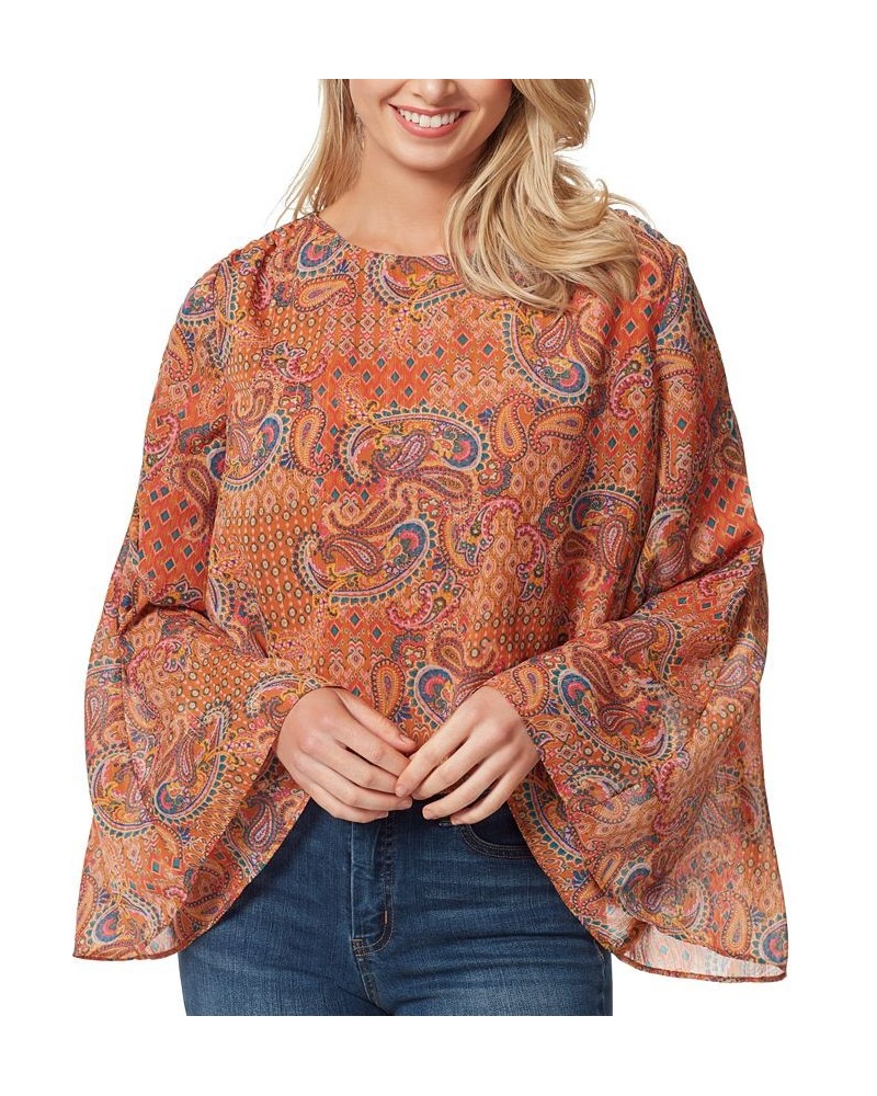 Women's Monique Ruched Trumpet-Sleeve Top Brown $17.94 Tops