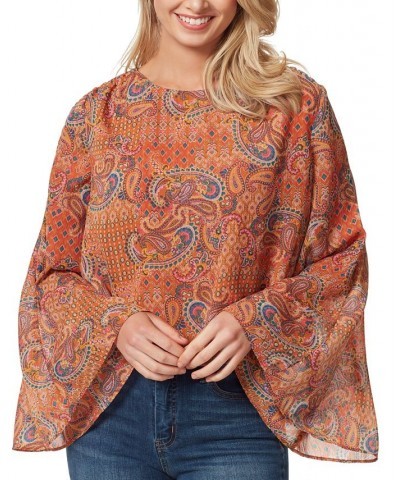 Women's Monique Ruched Trumpet-Sleeve Top Brown $17.94 Tops