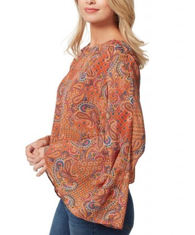 Women's Monique Ruched Trumpet-Sleeve Top Brown $17.94 Tops