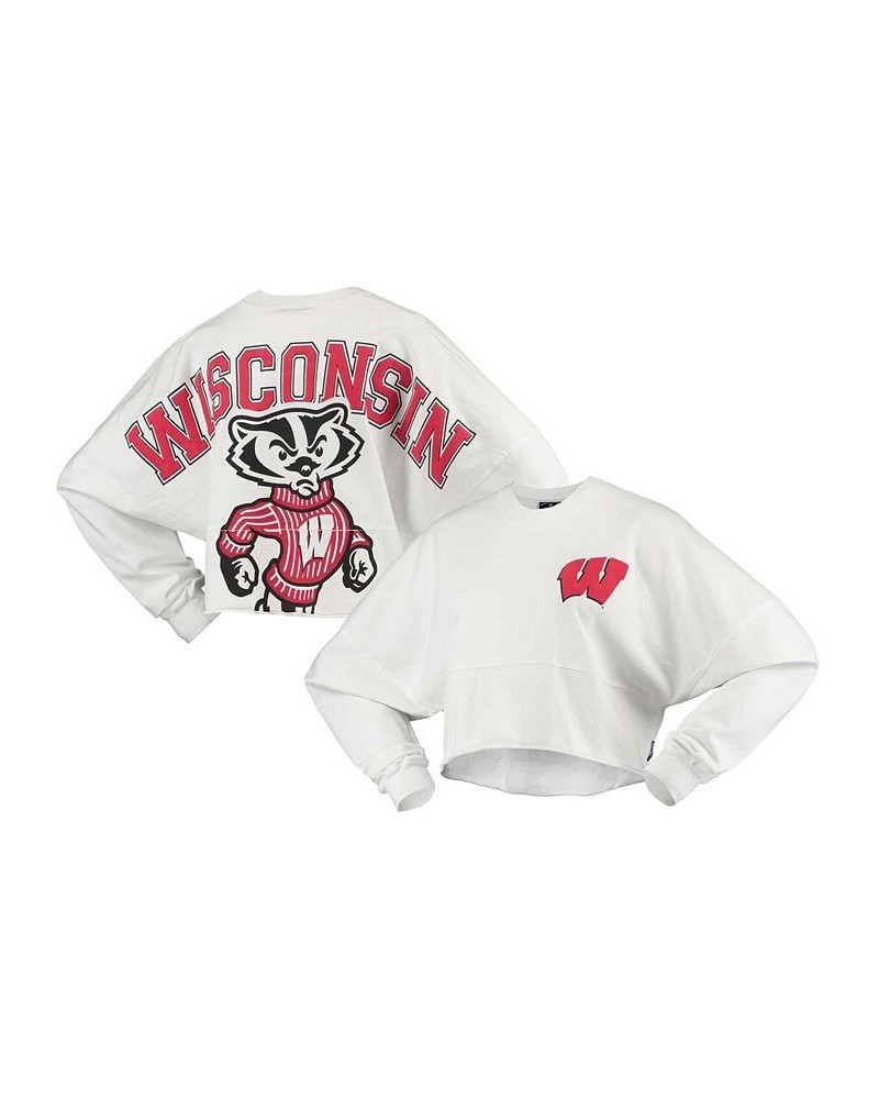 Women's White Wisconsin Badgers Raw Hem Cropped Long Sleeve T-shirt White $40.00 Tops