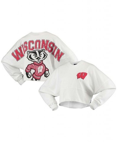 Women's White Wisconsin Badgers Raw Hem Cropped Long Sleeve T-shirt White $40.00 Tops