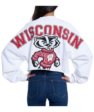 Women's White Wisconsin Badgers Raw Hem Cropped Long Sleeve T-shirt White $40.00 Tops