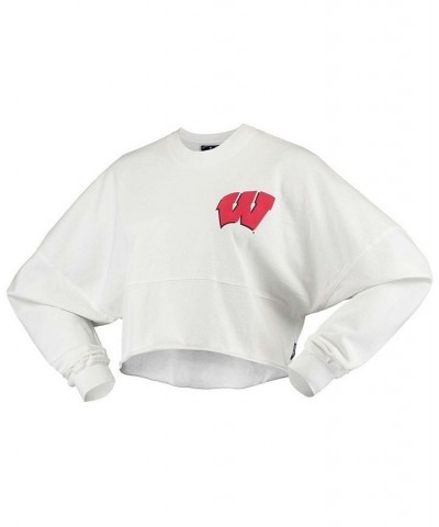 Women's White Wisconsin Badgers Raw Hem Cropped Long Sleeve T-shirt White $40.00 Tops