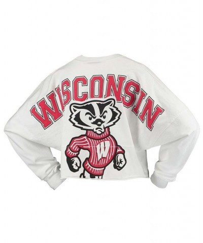 Women's White Wisconsin Badgers Raw Hem Cropped Long Sleeve T-shirt White $40.00 Tops