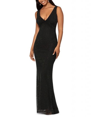 Women's Rhinestone Mesh V-Neck Gown Black Multi $154.37 Dresses