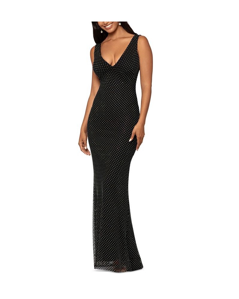 Women's Rhinestone Mesh V-Neck Gown Black Multi $154.37 Dresses