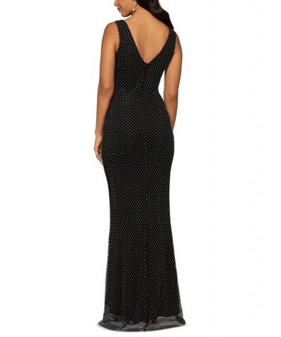 Women's Rhinestone Mesh V-Neck Gown Black Multi $154.37 Dresses