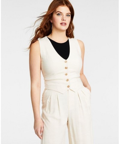 Women's Cropped Button-Front Sleeveless Vest Ivory/Cream $24.99 Jackets