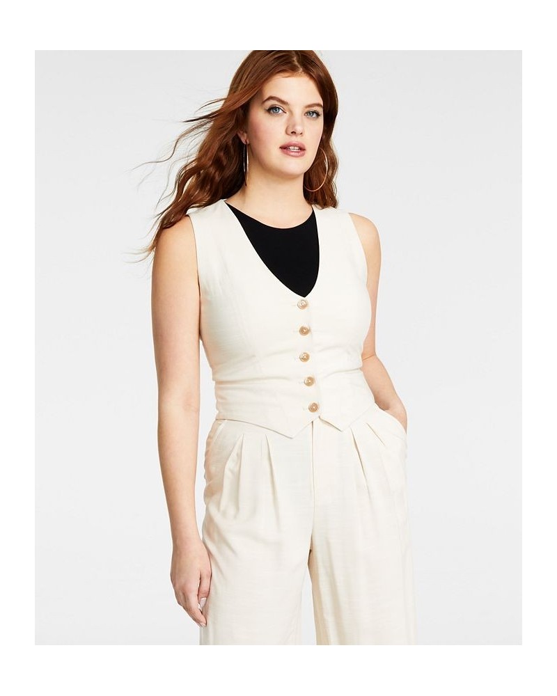 Women's Cropped Button-Front Sleeveless Vest Ivory/Cream $24.99 Jackets