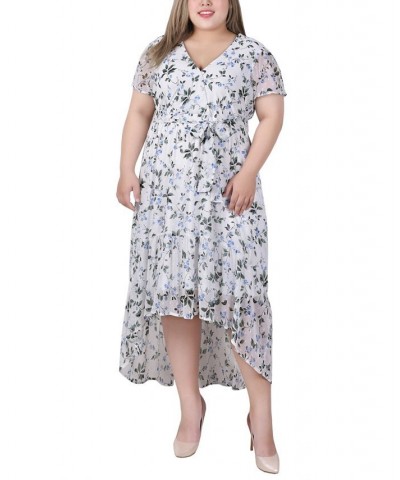 Plus Size Short Sleeve Handkerchief Hem Chiffon Dress Ivory Blue Floral $15.98 Dresses