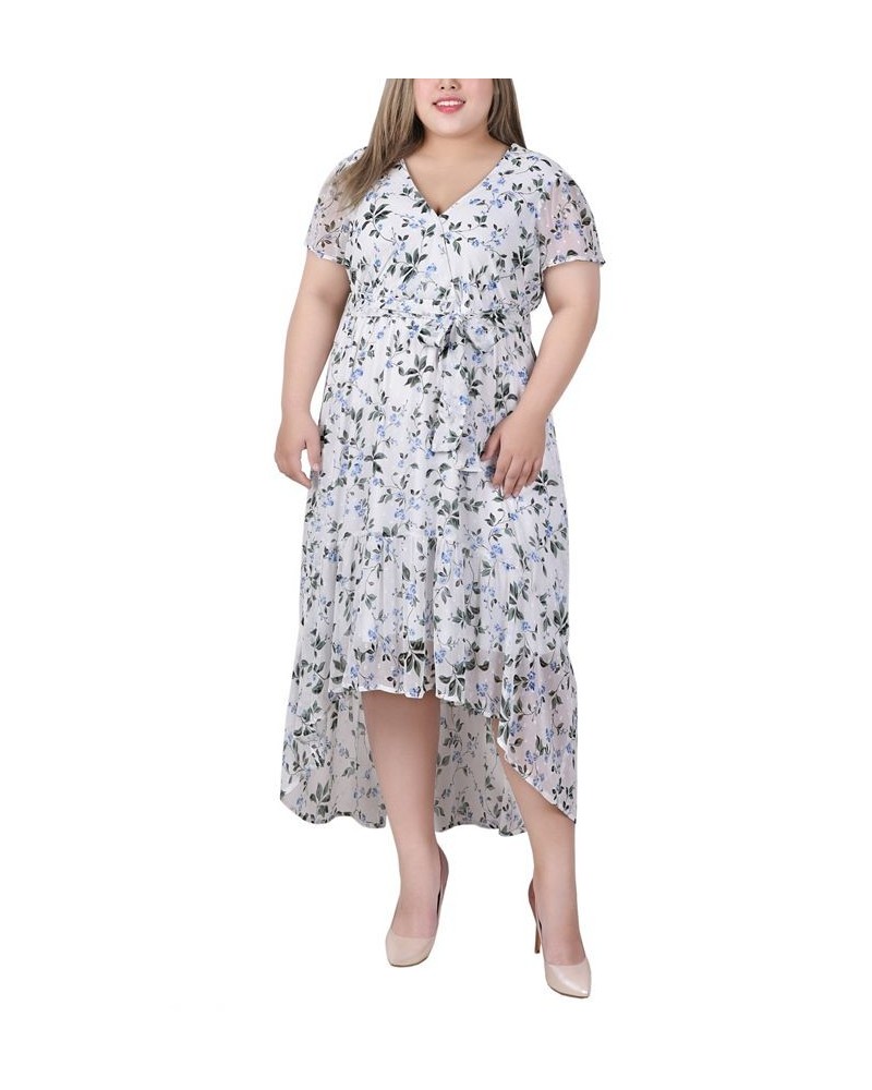 Plus Size Short Sleeve Handkerchief Hem Chiffon Dress Ivory Blue Floral $15.98 Dresses