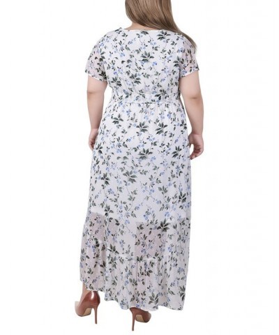 Plus Size Short Sleeve Handkerchief Hem Chiffon Dress Ivory Blue Floral $15.98 Dresses