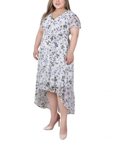 Plus Size Short Sleeve Handkerchief Hem Chiffon Dress Ivory Blue Floral $15.98 Dresses