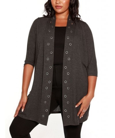 Plus Size Grommet-Trim Open-Front Hacci Cardigan Black $16.00 Sweaters